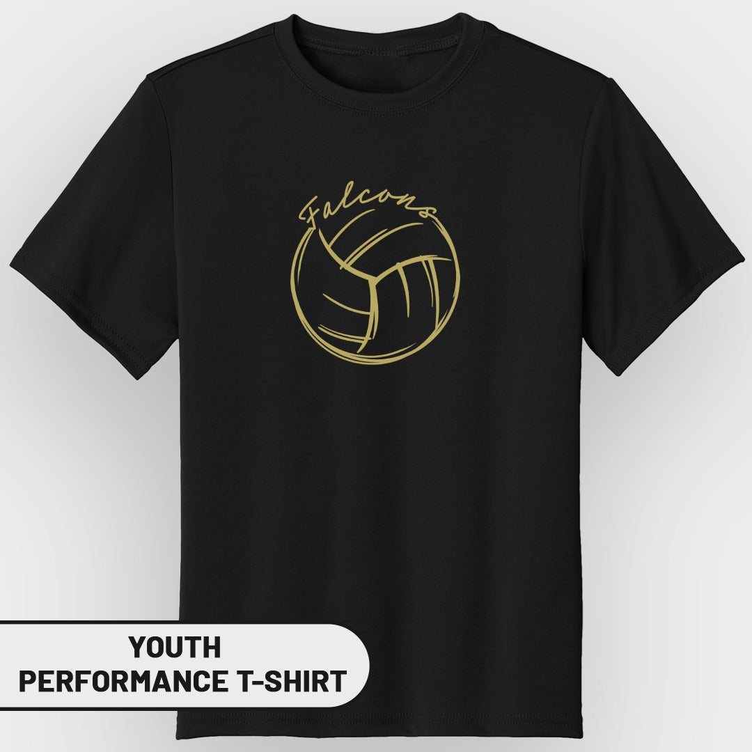 Black youth performance t-shirt with gold volleyball and "Falcons" graphic.