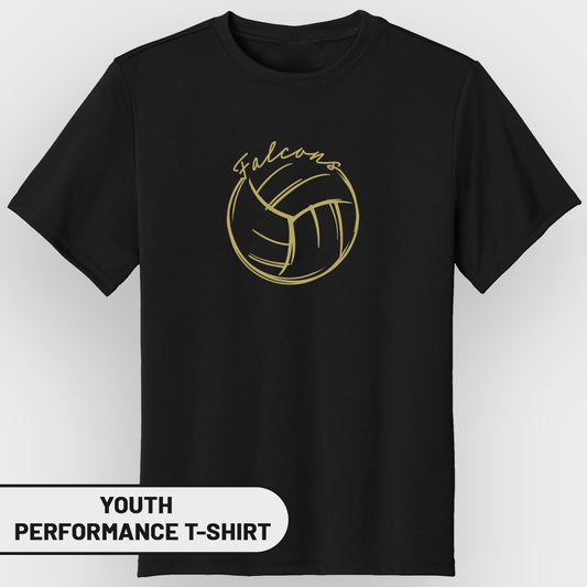 Black youth performance t-shirt with gold volleyball and "Falcons" graphic.