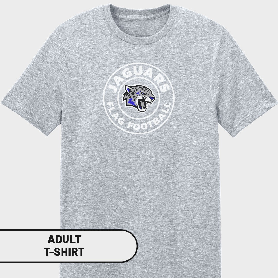 Gray adult t-shirt with a "Jaguars Flag Football" circular logo and jaguar graphic.