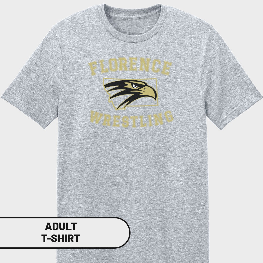 Grey adult t-shirt with Florence Wrestling text and eagle logo.