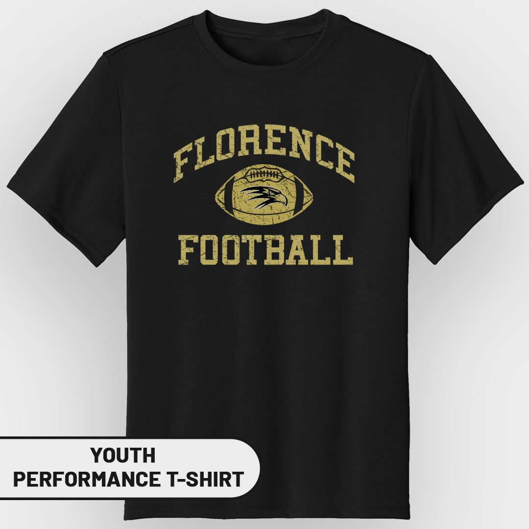 Black youth performance t-shirt with "FLORENCE FOOTBALL" and eagle logo.