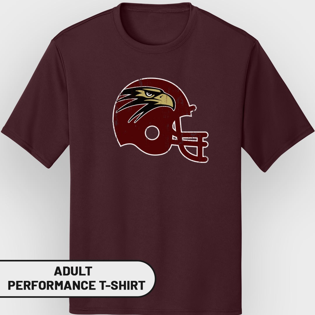 Maroon adult performance t-shirt with distressed eagle and helmet graphic.