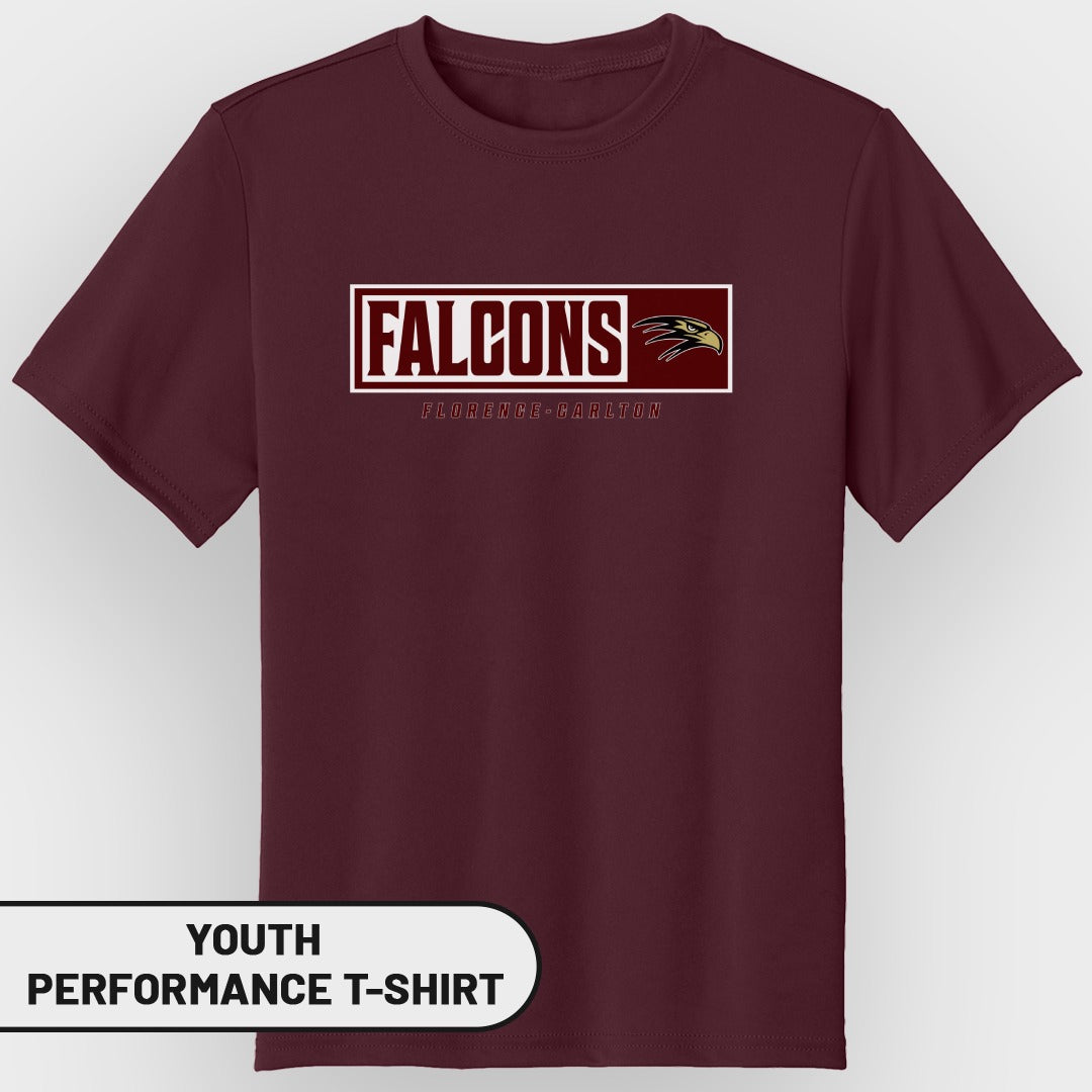 Maroon youth performance t-shirt with "FALCONS" and a falcon head logo.