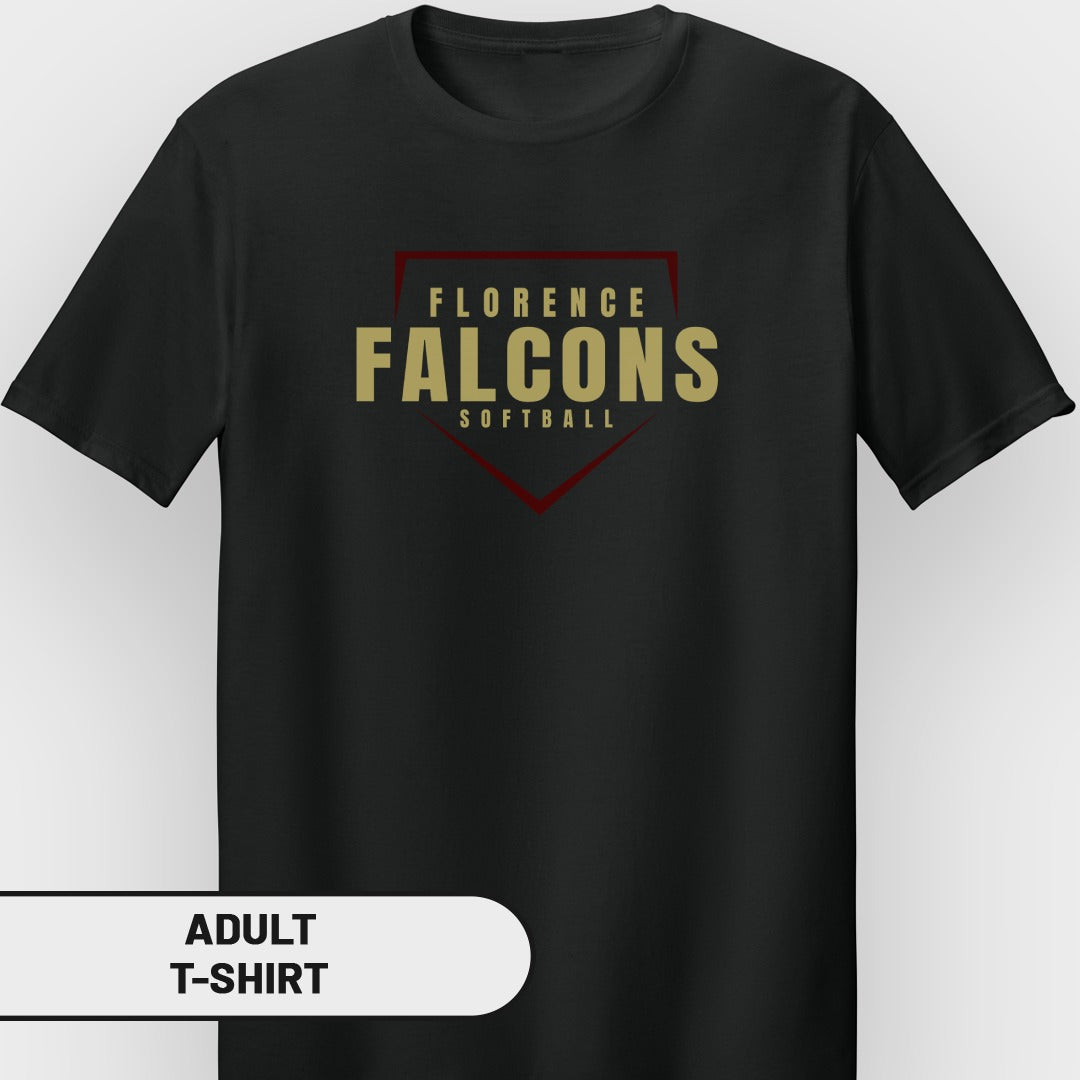 Black adult t-shirt with Florence Falcons Softball logo on chest.