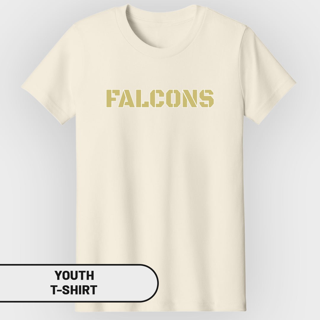 Cream youth t-shirt with gold "FALCONS" text across the chest.