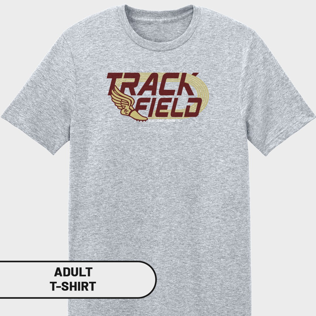 Grey t-shirt with "TRACK FIELD" logo and winged shoe graphic.