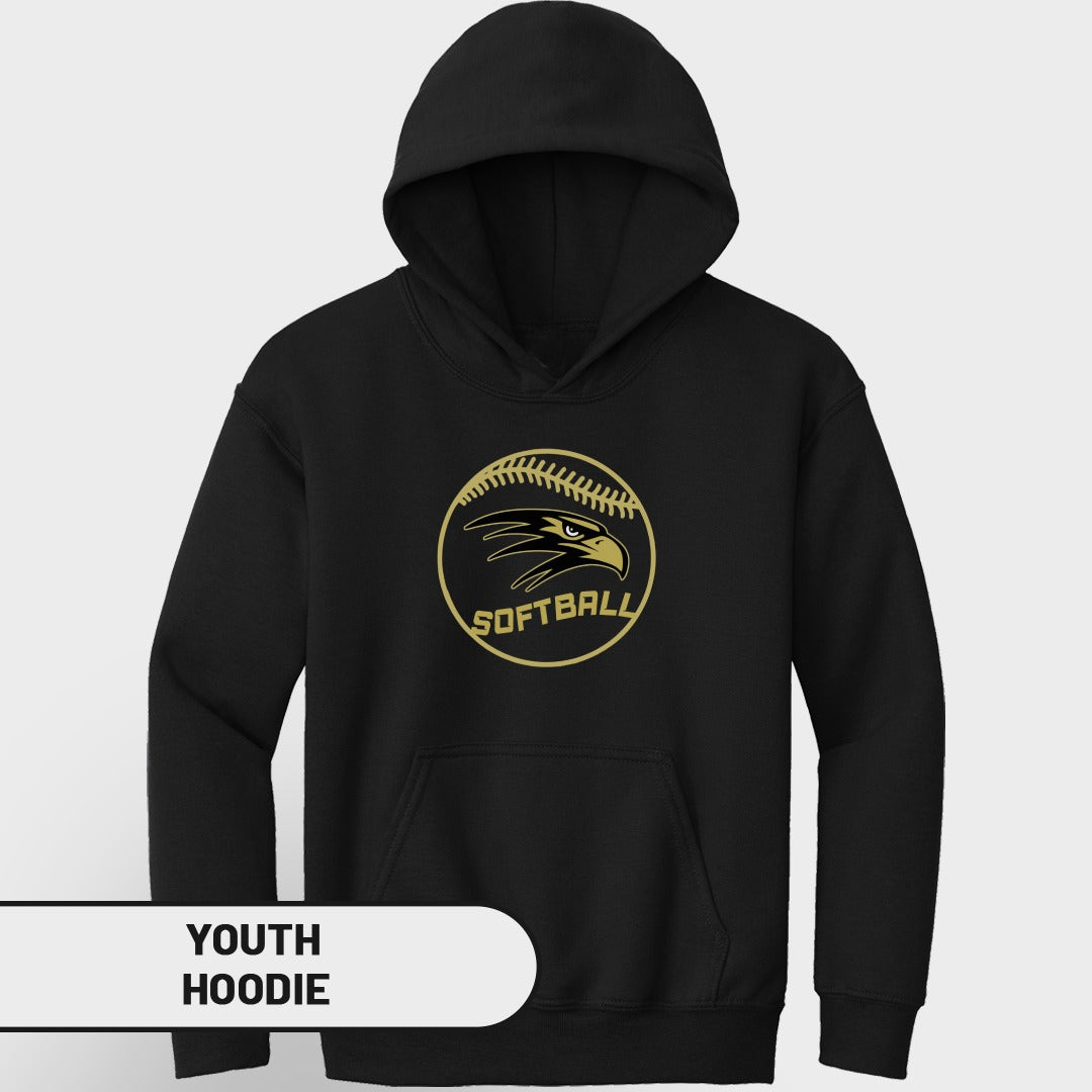 Black youth hoodie with gold softball and eagle graphic.