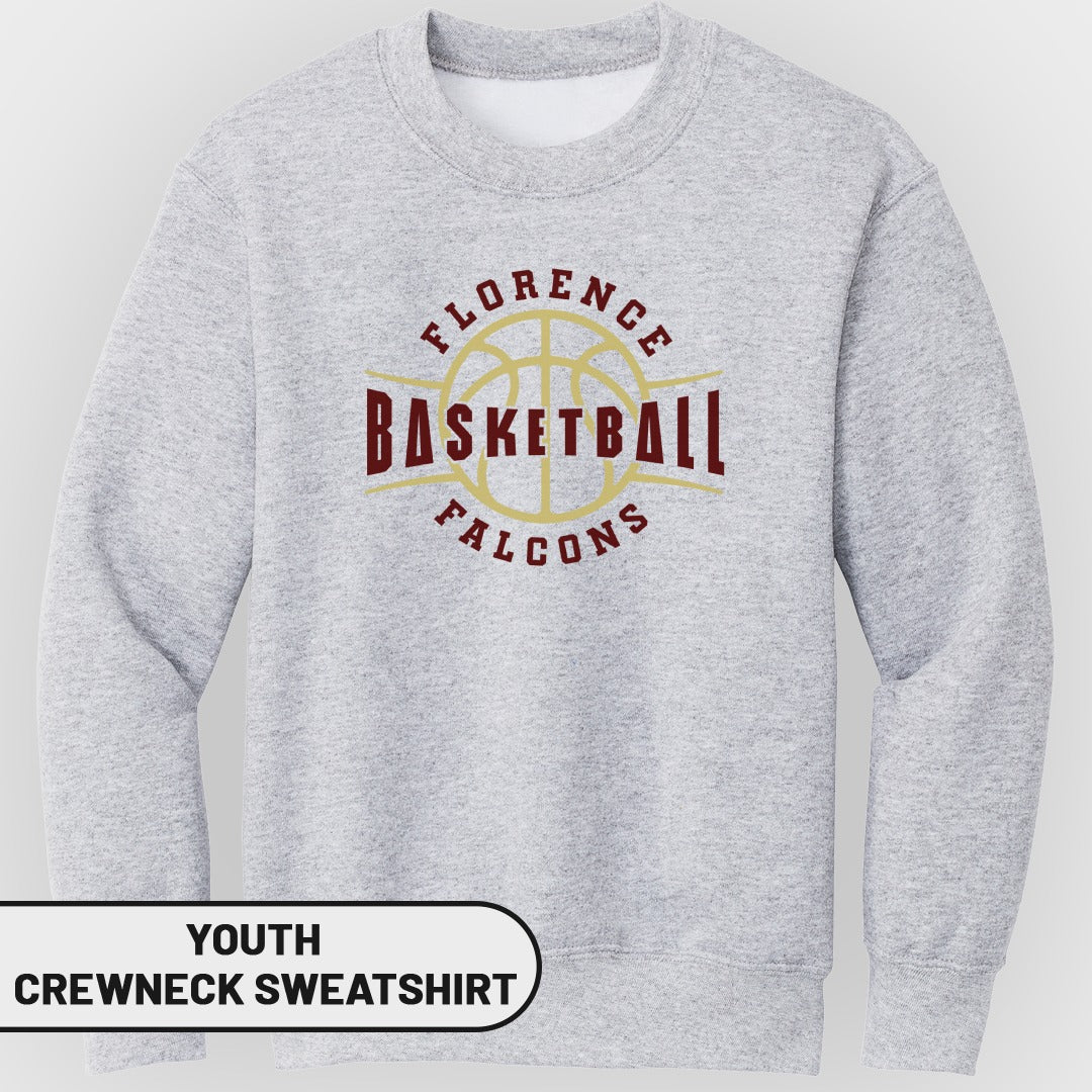 Grey youth crewneck sweatshirt with "Florence Basketball Falcons" logo.