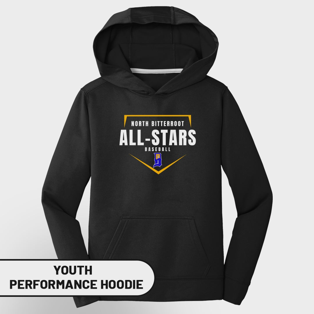 Black youth performance hoodie with "North Bitterroot All-Stars" baseball logo.