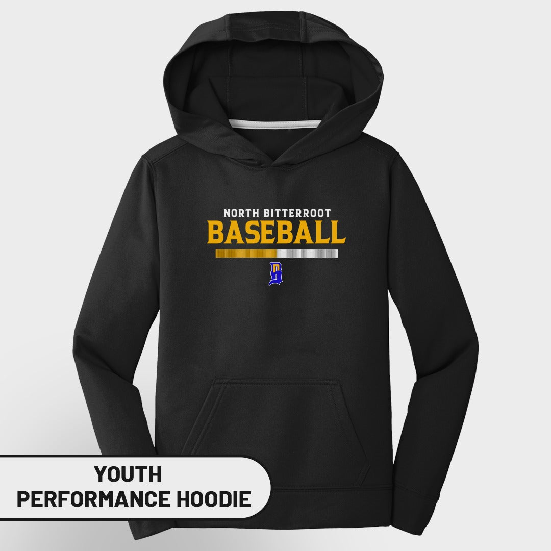 Black youth performance hoodie with North Bitterroot Baseball logo.