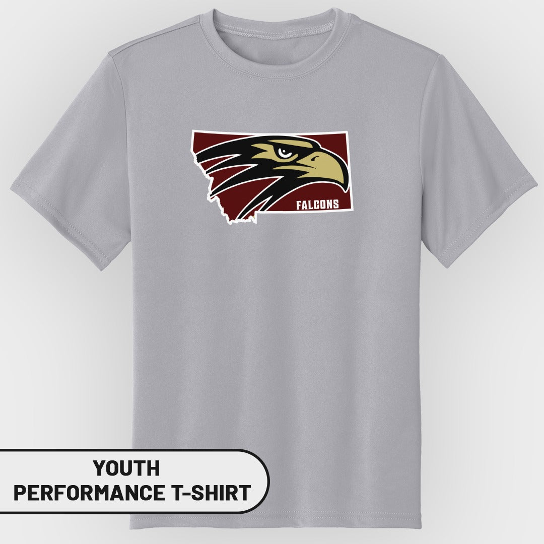 Gray youth performance t-shirt with Montana map and falcon logo.