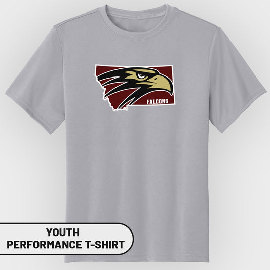 Gray youth performance t-shirt with Montana map and falcon logo.