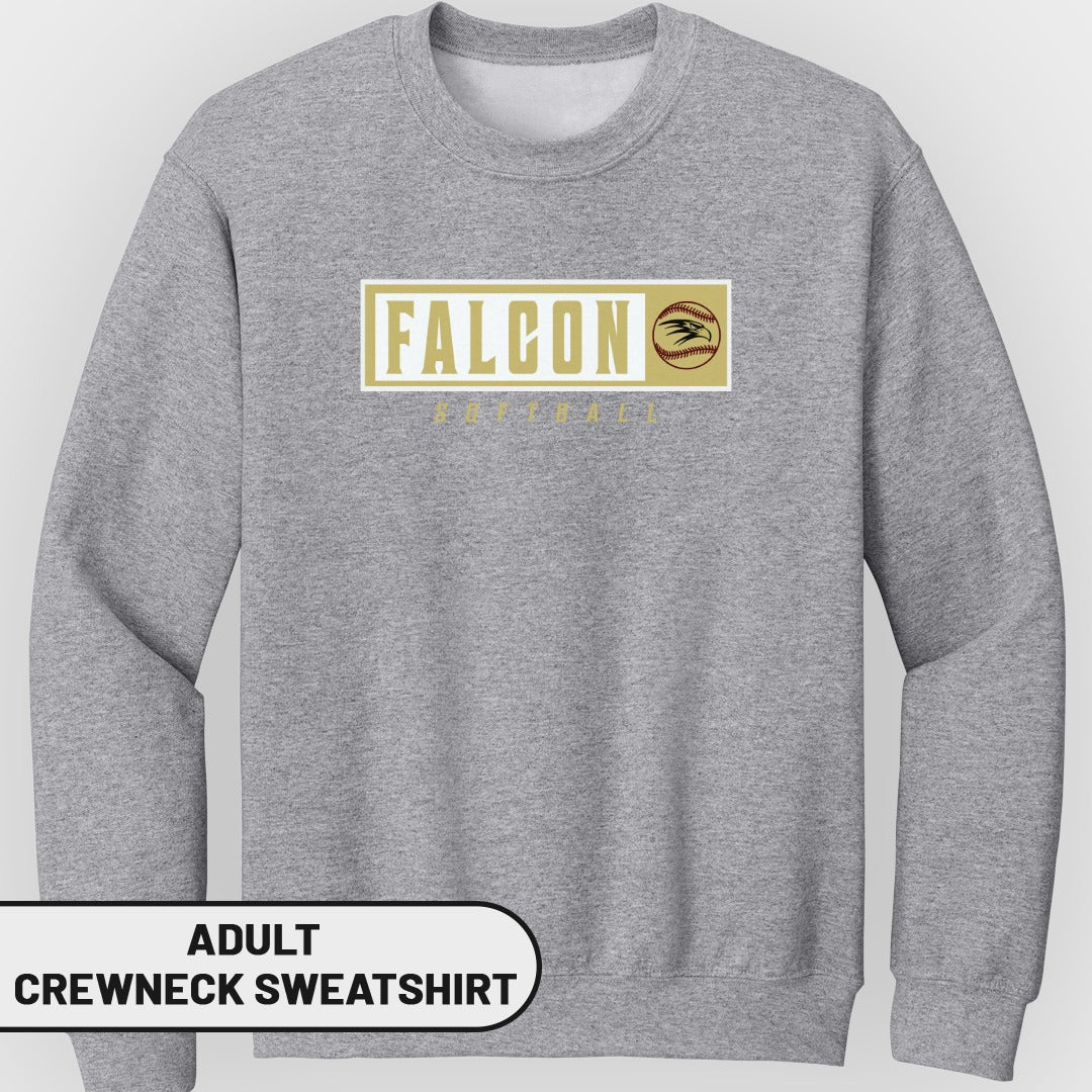 Grey adult crewneck sweatshirt with "FALCON SOFTBALL" text and baseball graphic.