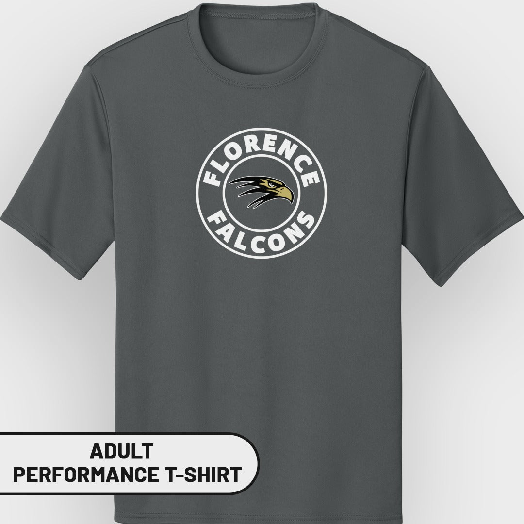 Dark gray adult performance t-shirt with circular Florence Falcons logo on chest.