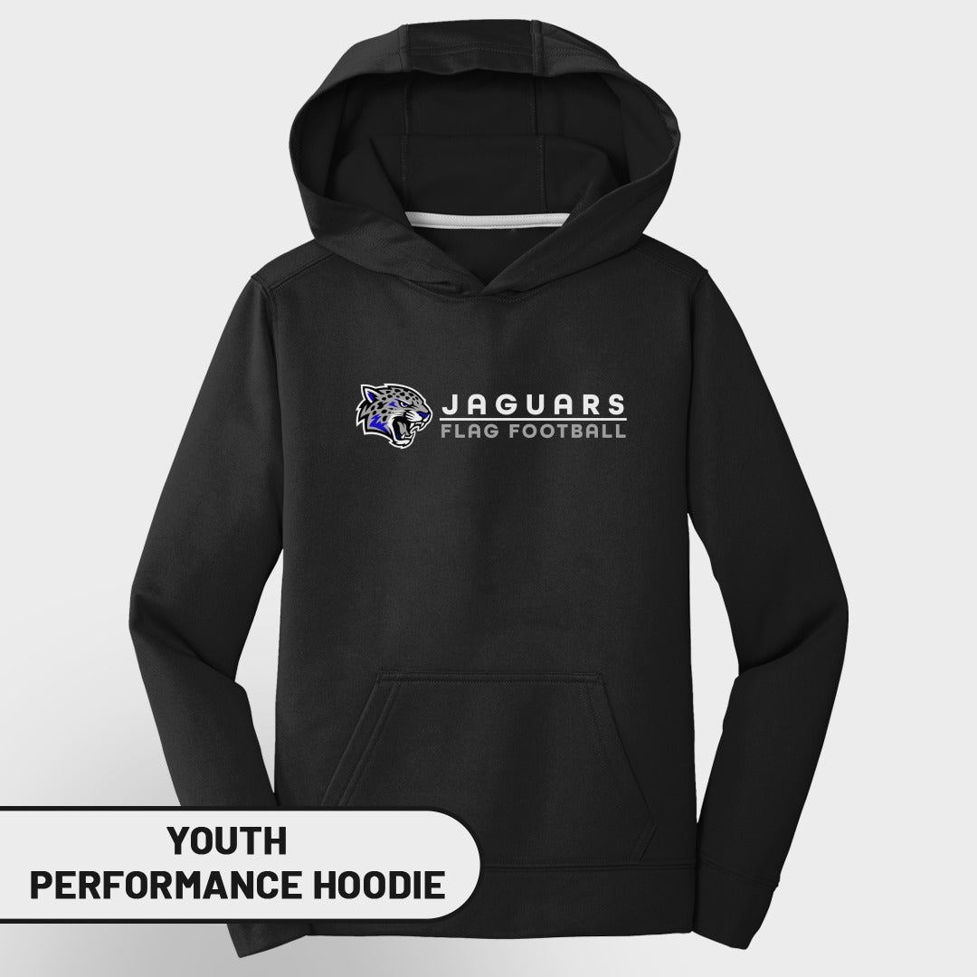 Black youth performance hoodie with Jaguars flag football logo.