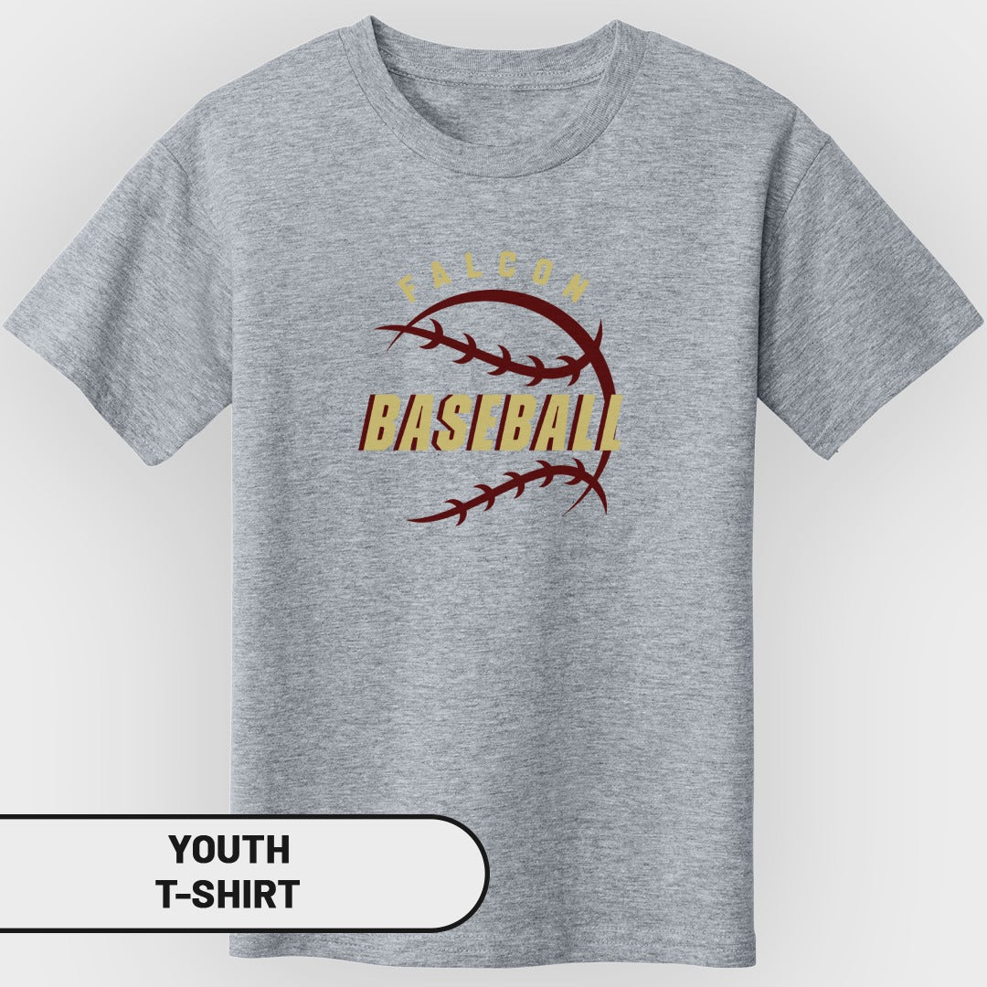 Grey youth t-shirt with "FALCON BASEBALL" graphic featuring a stylized baseball.