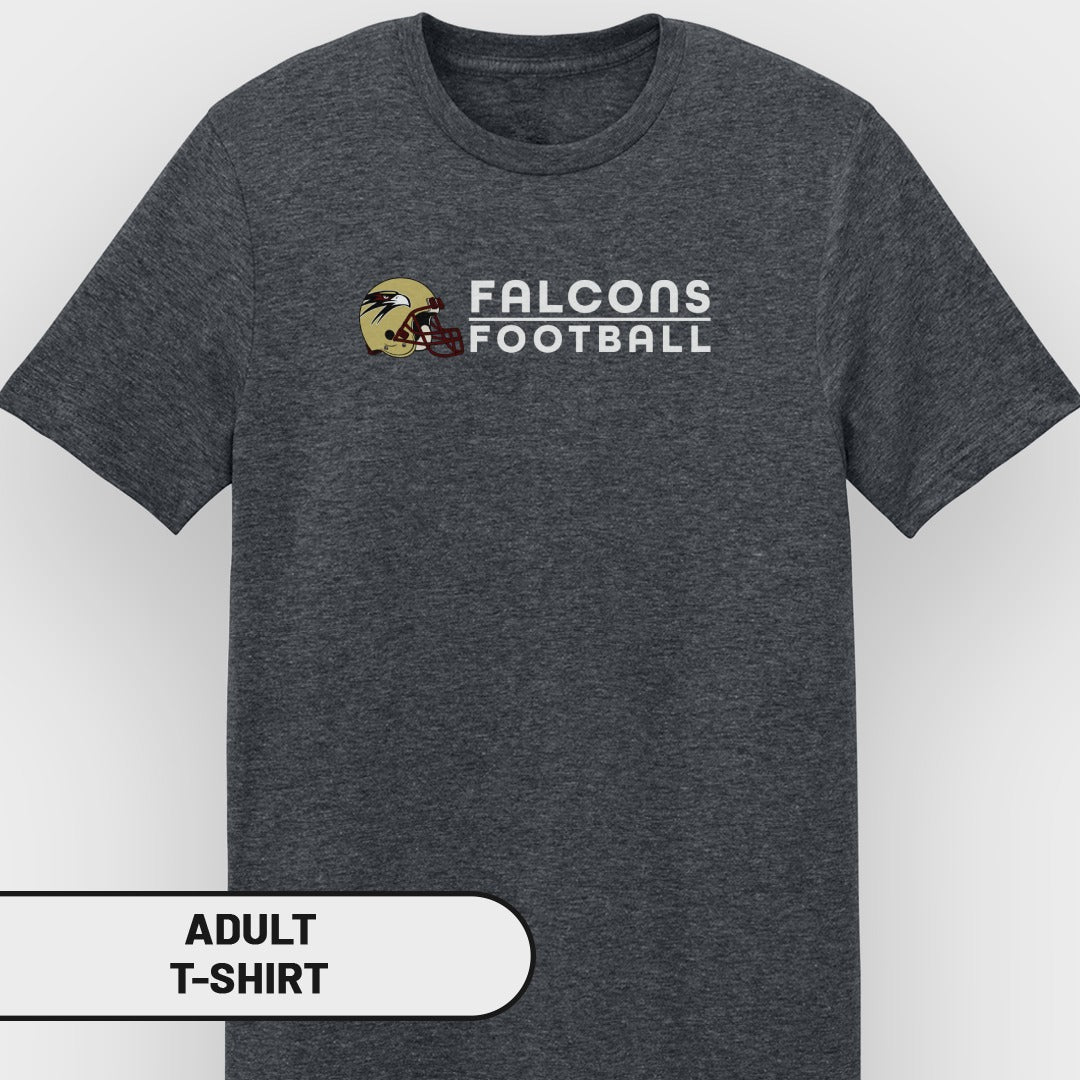 Dark grey t-shirt with "FALCONS FOOTBALL" and a helmet logo.