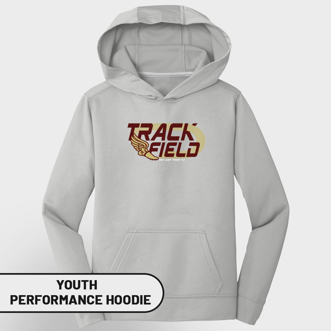 Light gray youth performance hoodie with "Track Field" graphic and running wing design.