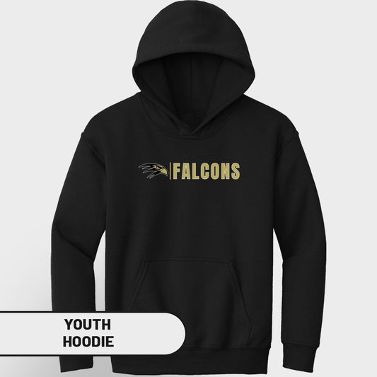 Black youth hoodie with gold "FALCONS" logo and eagle graphic.