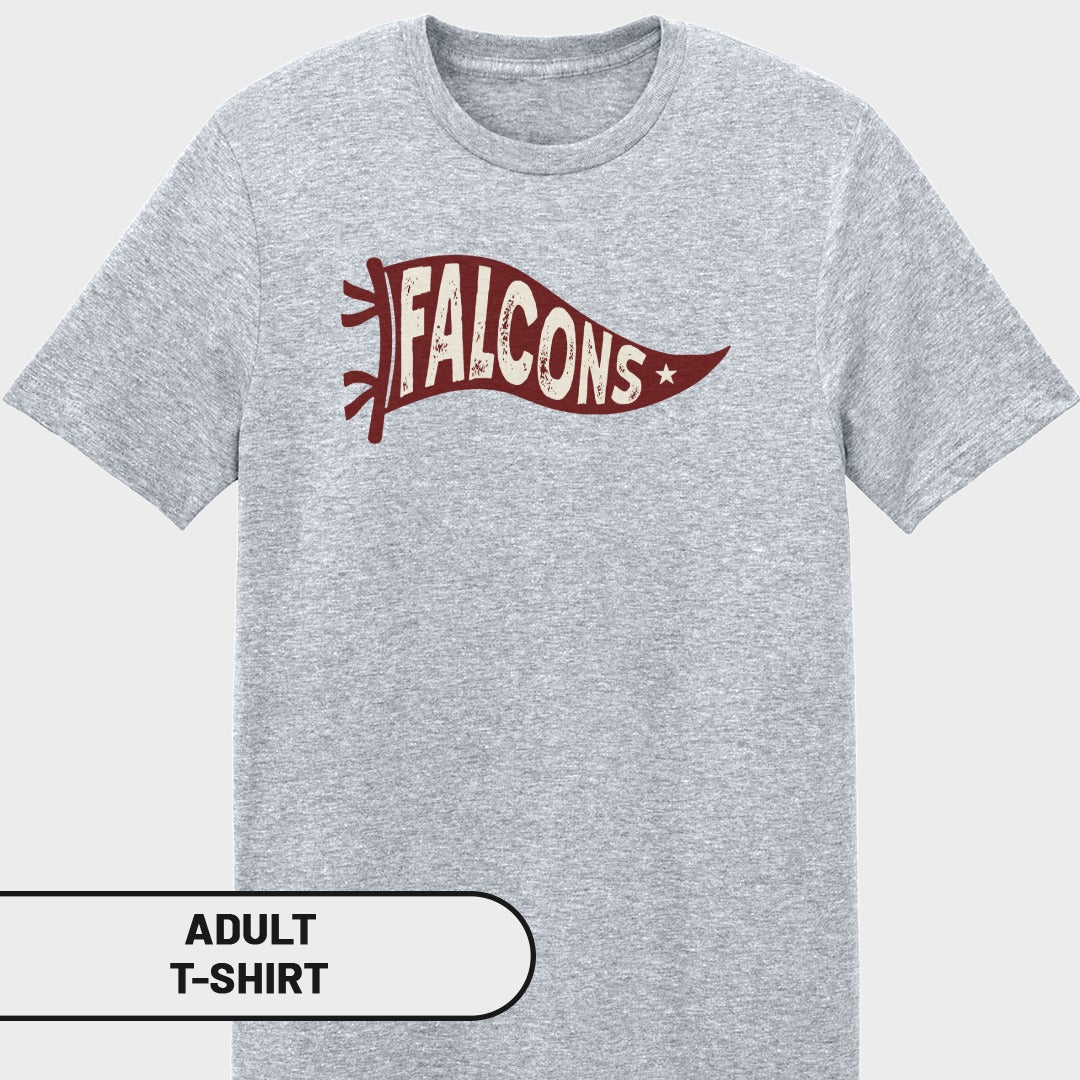 Grey t-shirt with a maroon pennant design that says "FALCONS" in distressed white lettering.