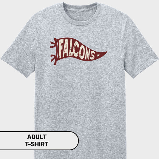 Grey t-shirt with a maroon pennant design that says "FALCONS" in distressed white lettering.