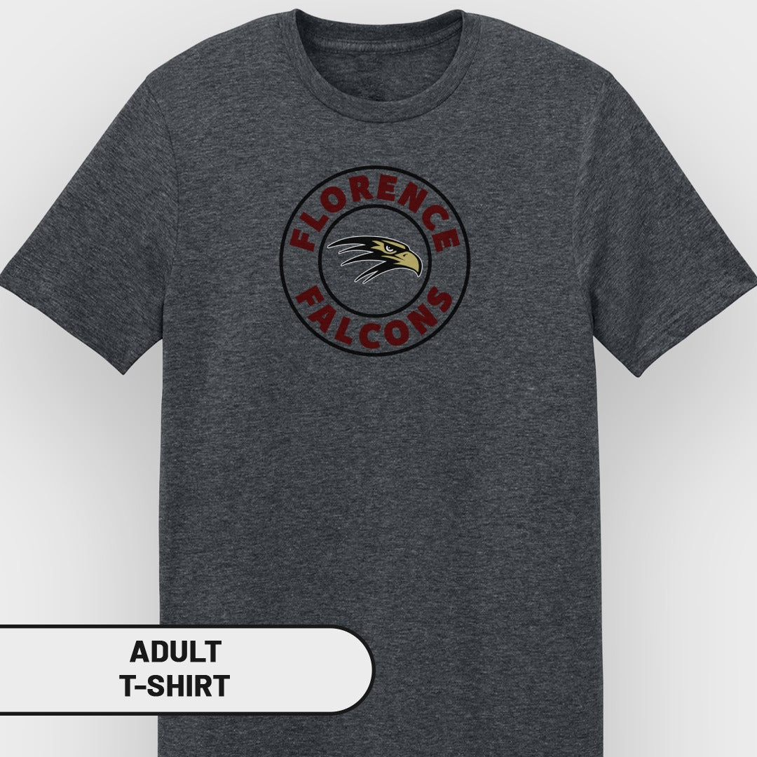 Dark gray adult t-shirt with a circular "Florence Falcons" logo featuring a falcon head.