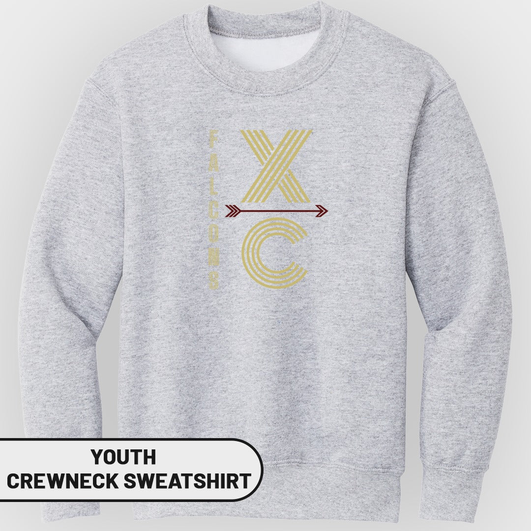 Youth grey crewneck sweatshirt with "FALCONS XC" text and arrow graphic.