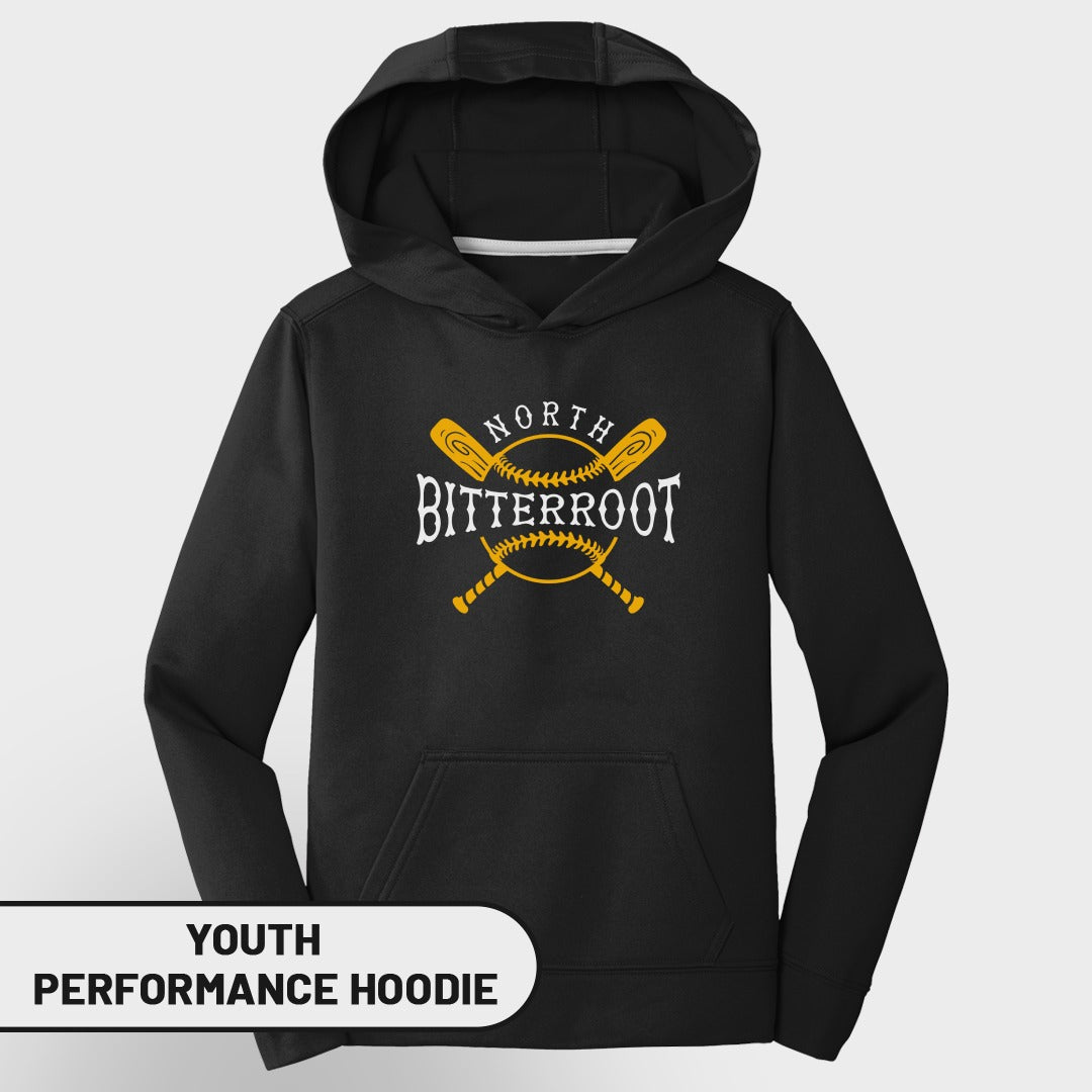 Black youth performance hoodie with "North Bitterroot" and crossed baseball bats logo.