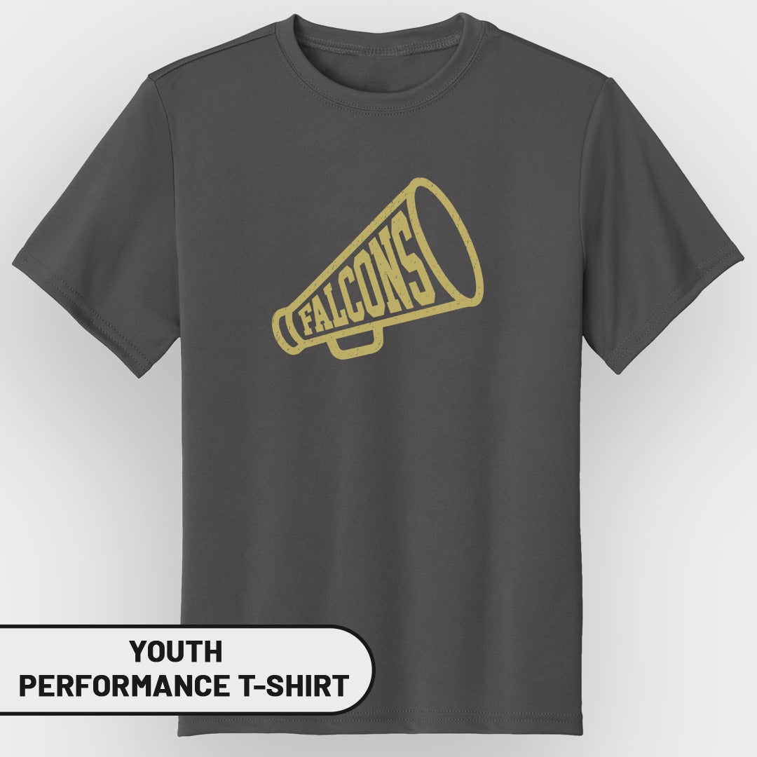 Dark gray youth performance t-shirt with yellow "FALCONS" megaphone graphic.