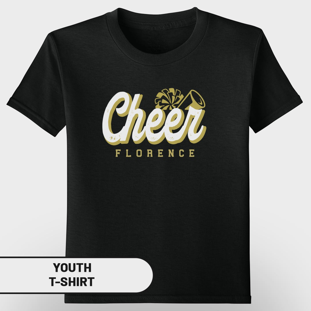 Black youth t-shirt with "Cheer Florence" text and cheerleading graphics.