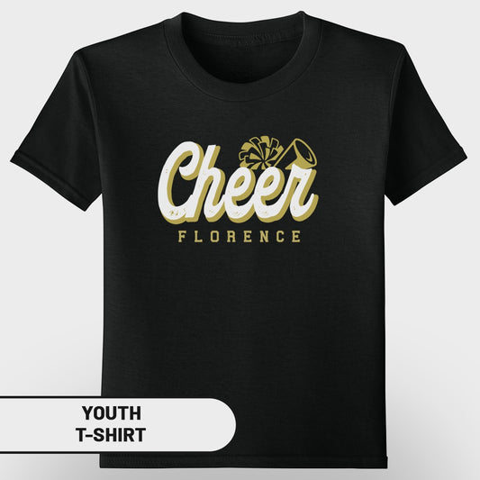 Black youth t-shirt with "Cheer Florence" text and cheerleading graphics.