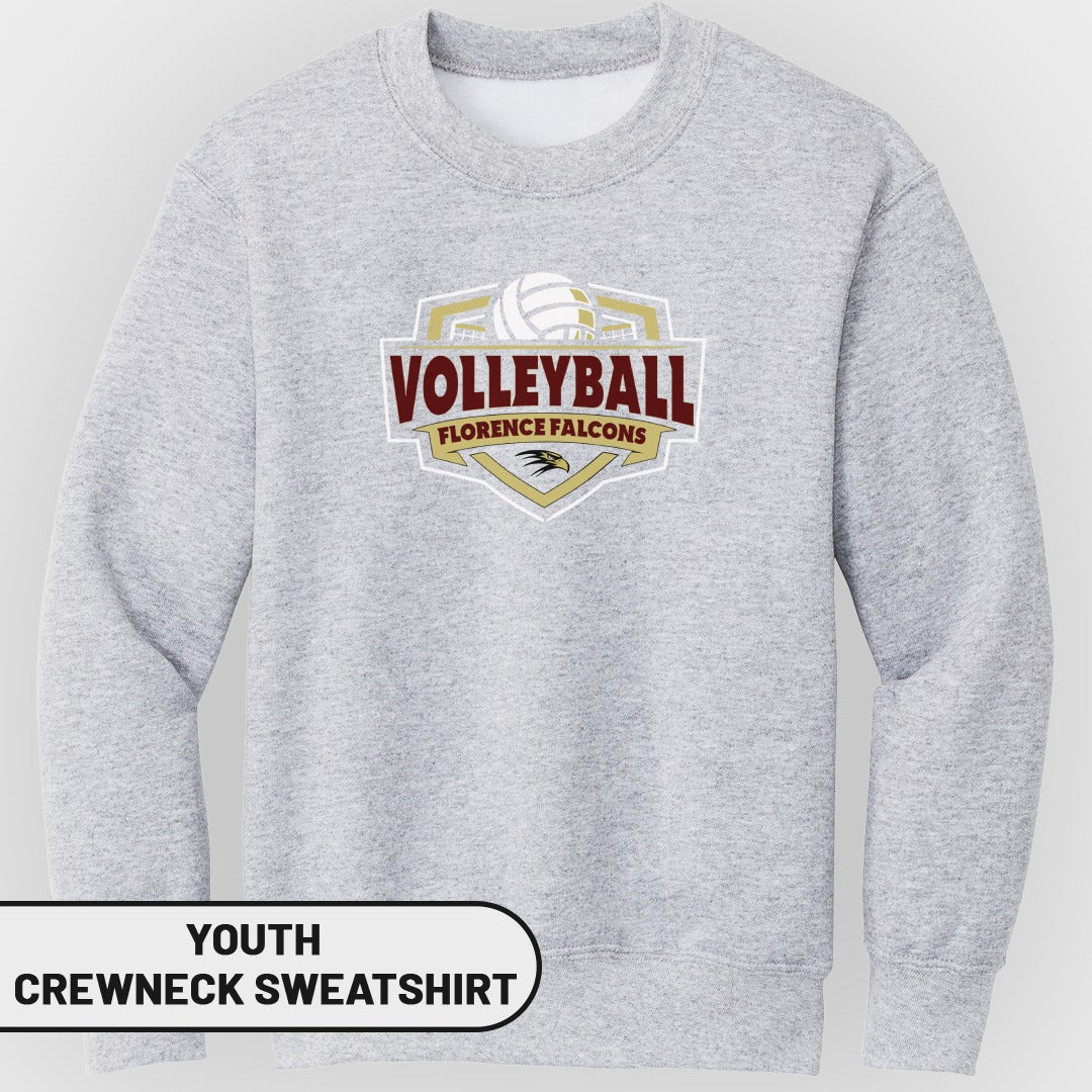Youth grey crewneck sweatshirt with "VOLLEYBALL FLORENCE FALCONS" graphic.