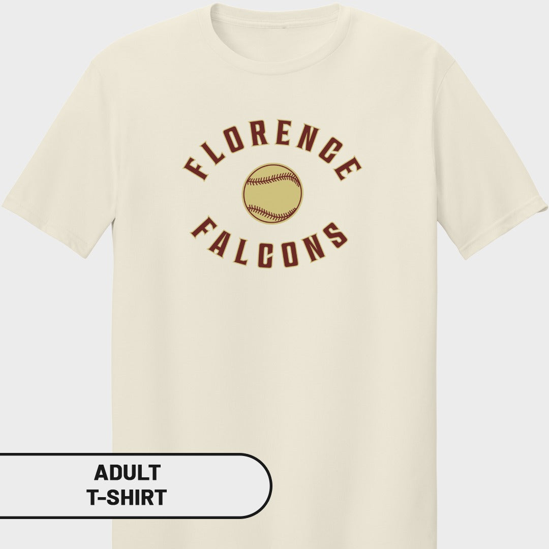 Cream adult t-shirt with "Florence Falcons" text and a baseball graphic.