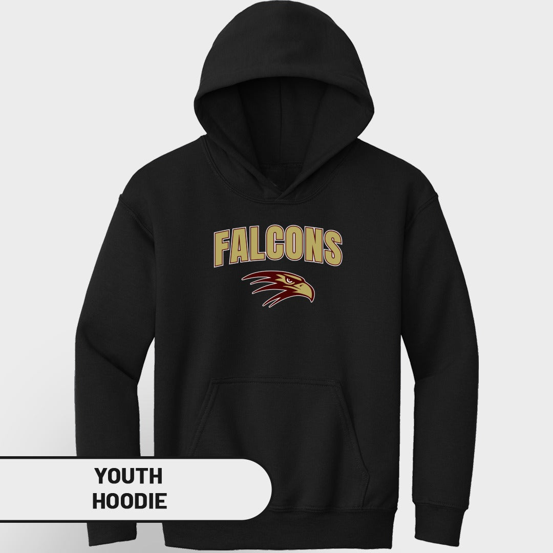 Black youth hoodie with "FALCONS" text and a falcon mascot.
