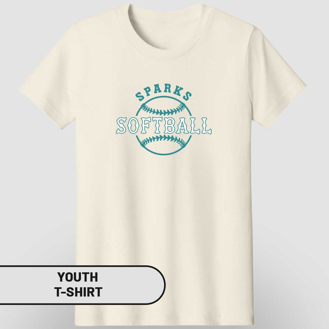 Cream youth t-shirt with "Sparks Softball" logo featuring a softball graphic.