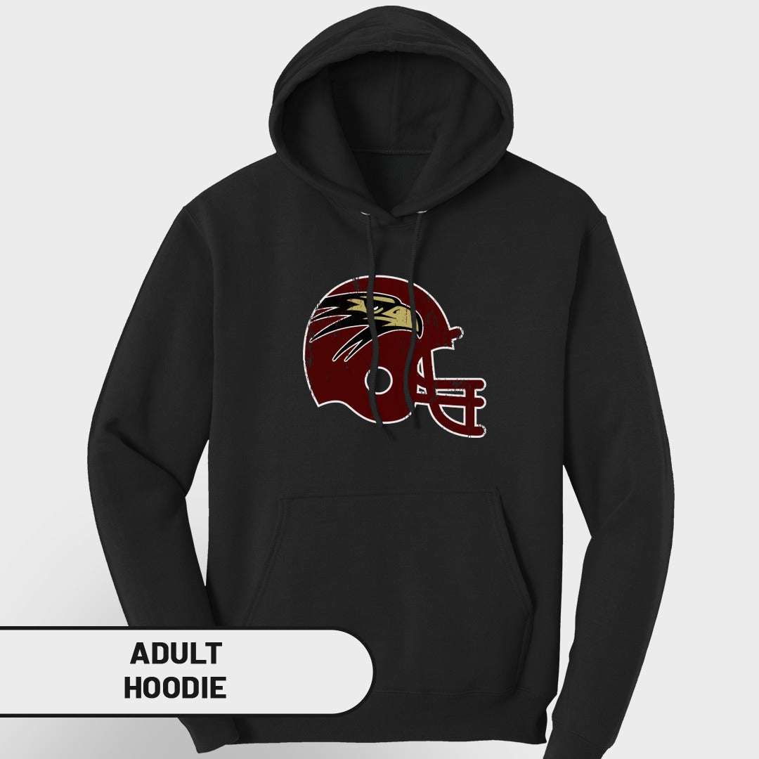 Black adult hoodie with a maroon and gold distressed eagle helmet graphic.