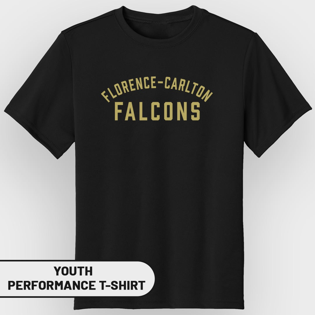 Black youth performance t-shirt with "FLORENCE-CARLTON FALCONS" text.