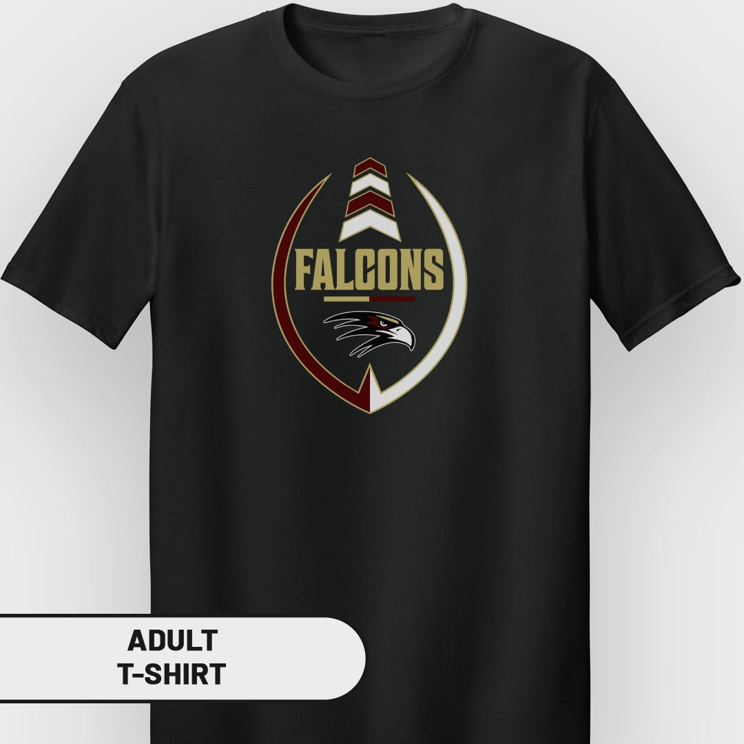 Black t-shirt with oval "Falcons" logo featuring an eagle head.
