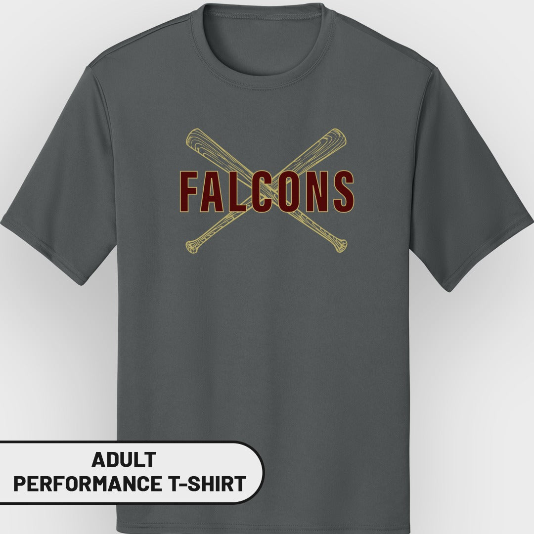 Dark grey adult performance t-shirt with "FALCONS" and crossed baseball bats graphic.