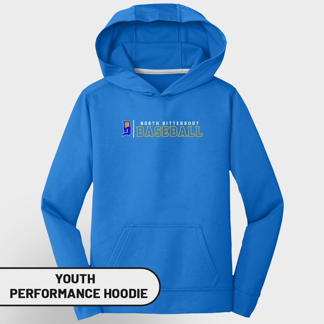 Blue youth performance hoodie with "North Bitterroot BASEBALL" text on chest.