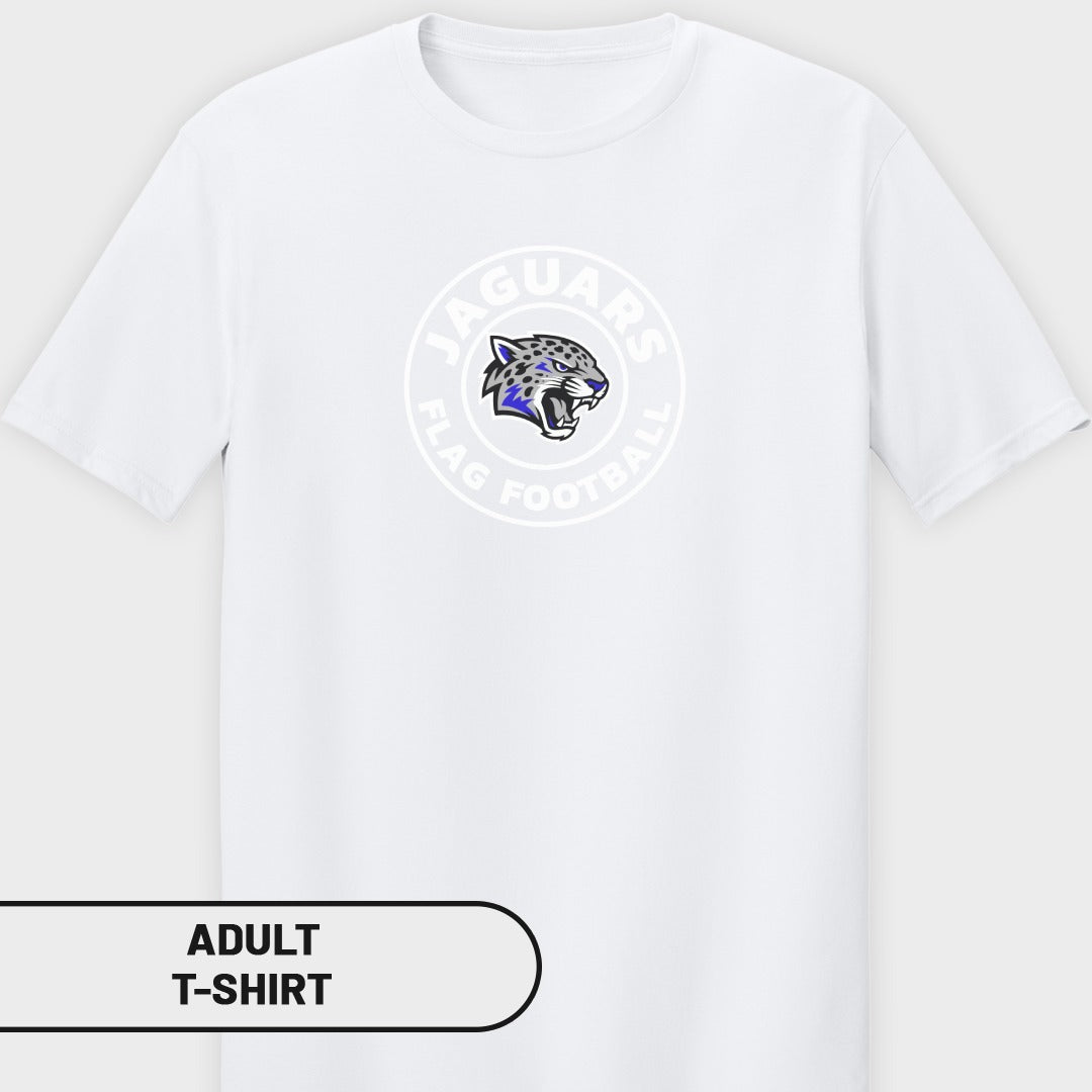 White adult t-shirt with a Jaguars flag football logo on the chest.