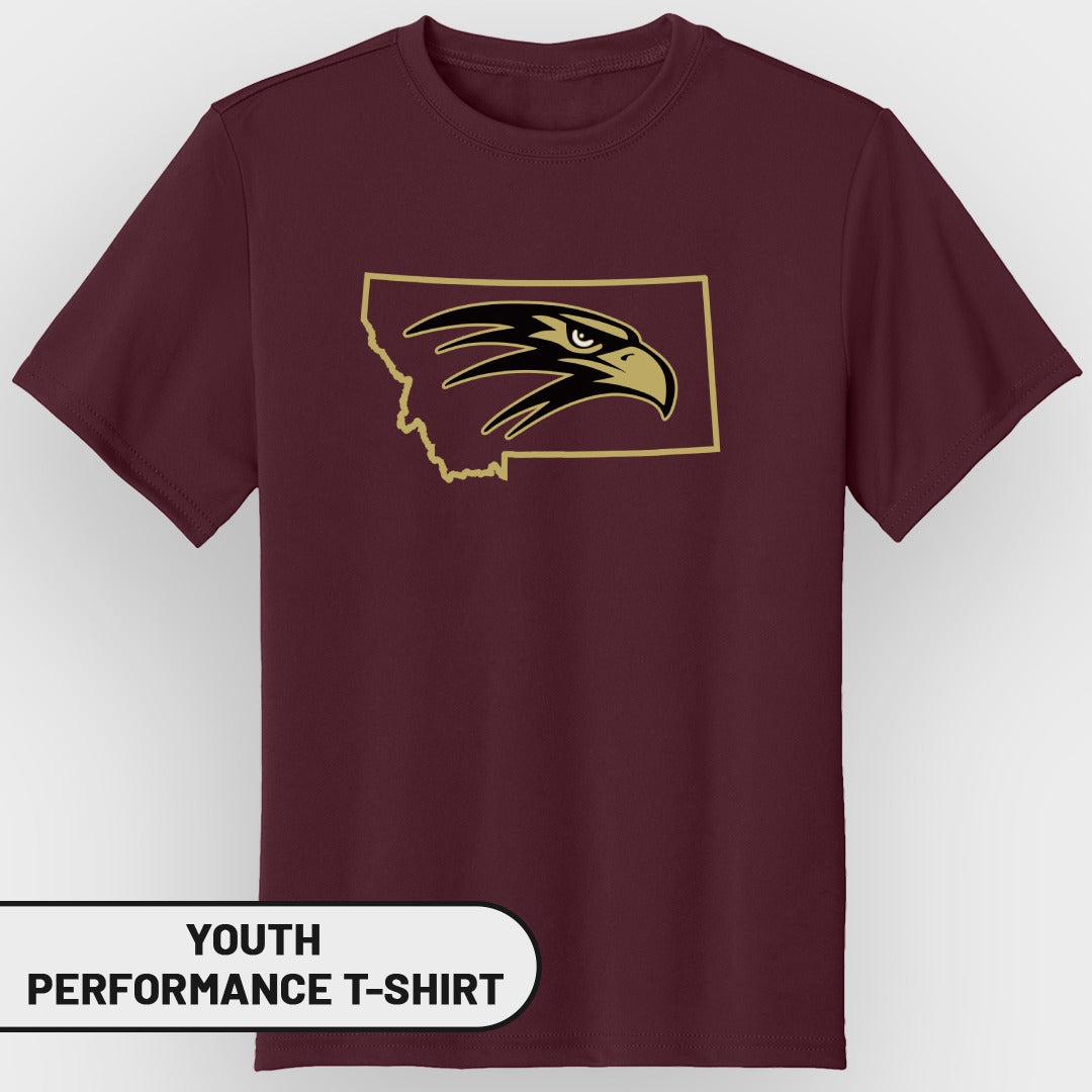 Maroon youth performance t-shirt with Montana outline and eagle graphic.