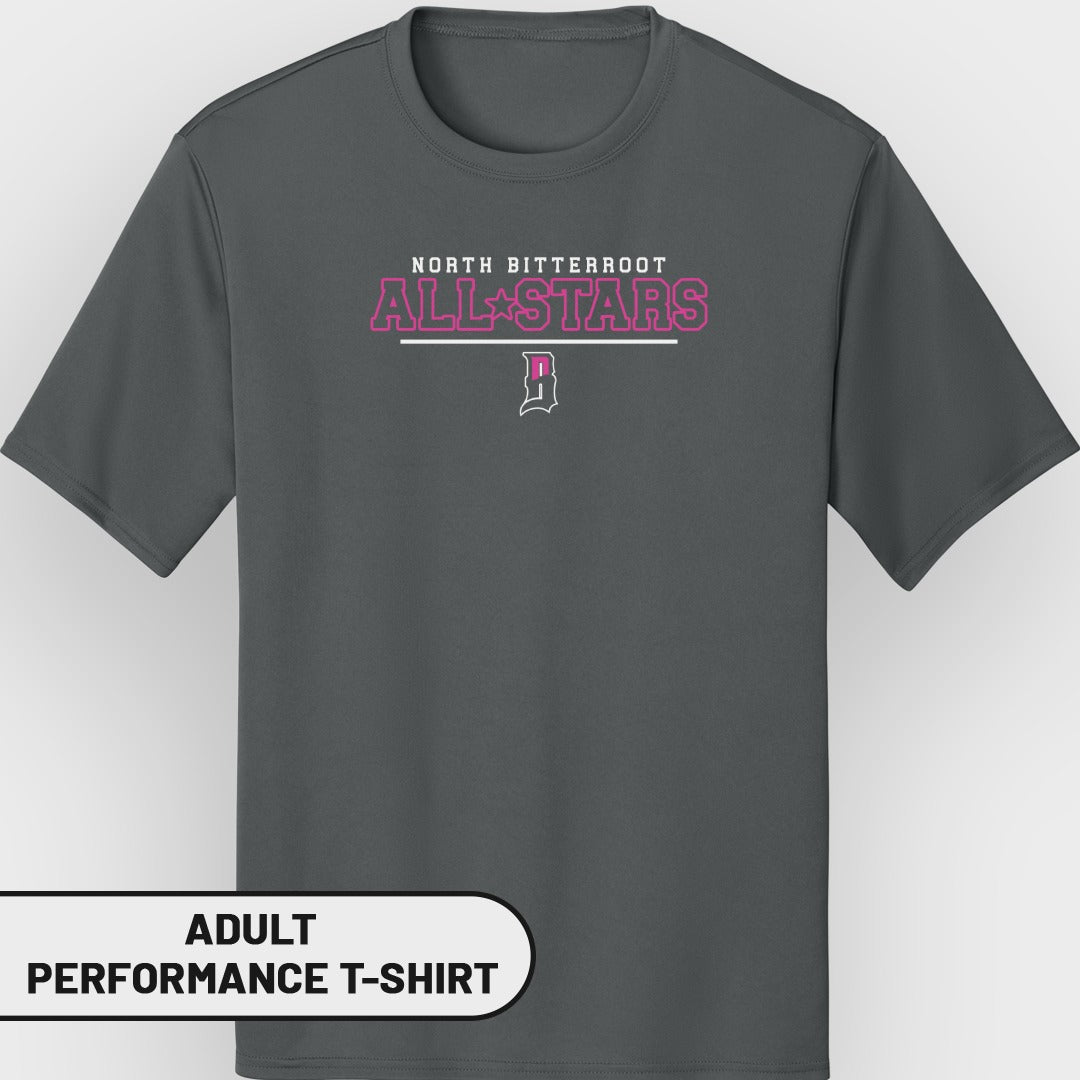 Adult performance t-shirt with "NORTH BITTERROOT ALL-STARS" in pink.