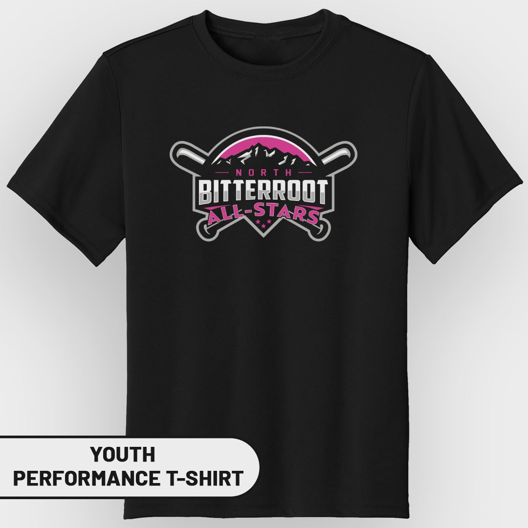 Black youth performance t-shirt with North Bitterroot All-Stars logo.