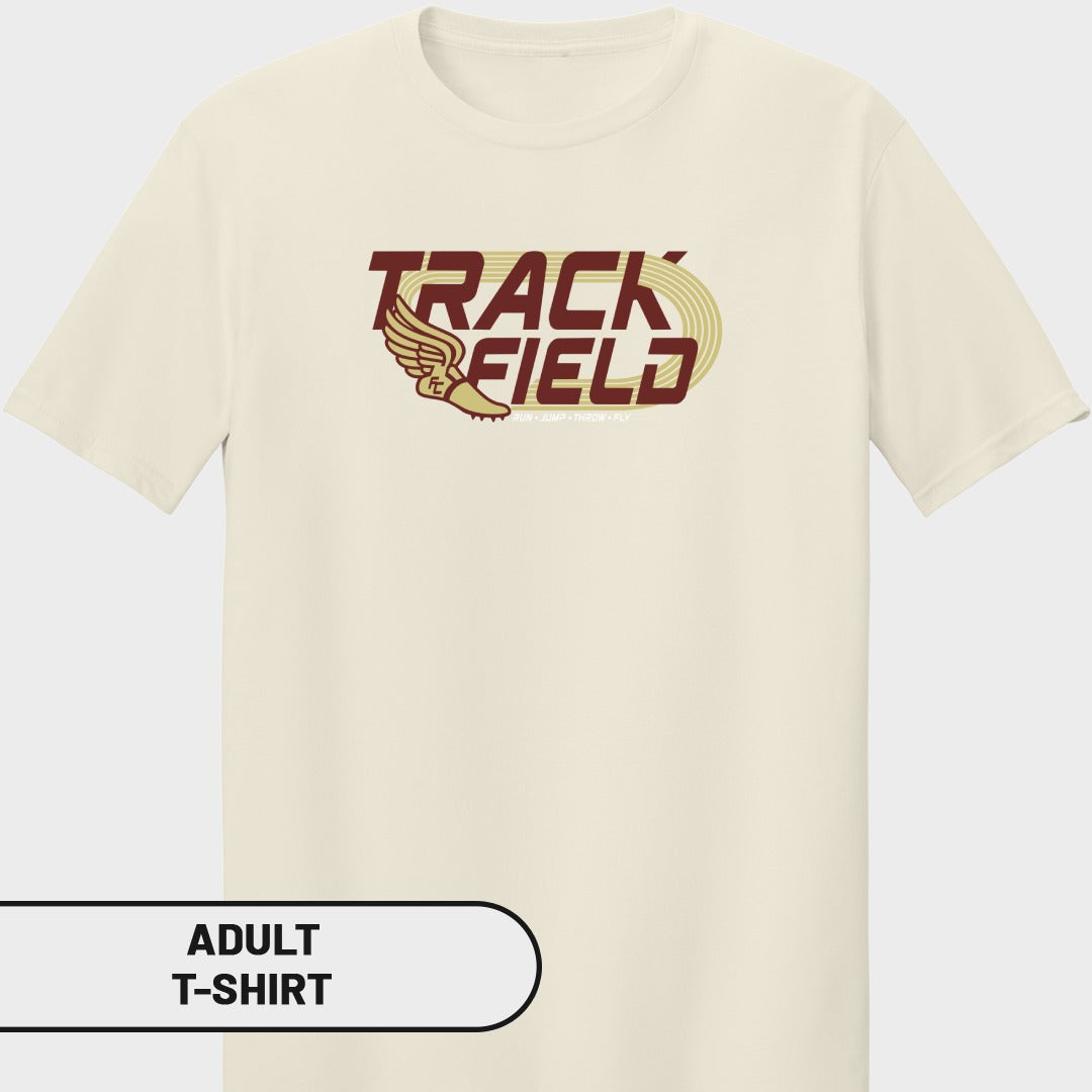 Cream t-shirt with "TRACK FIELD" text, winged shoe, and track graphic.