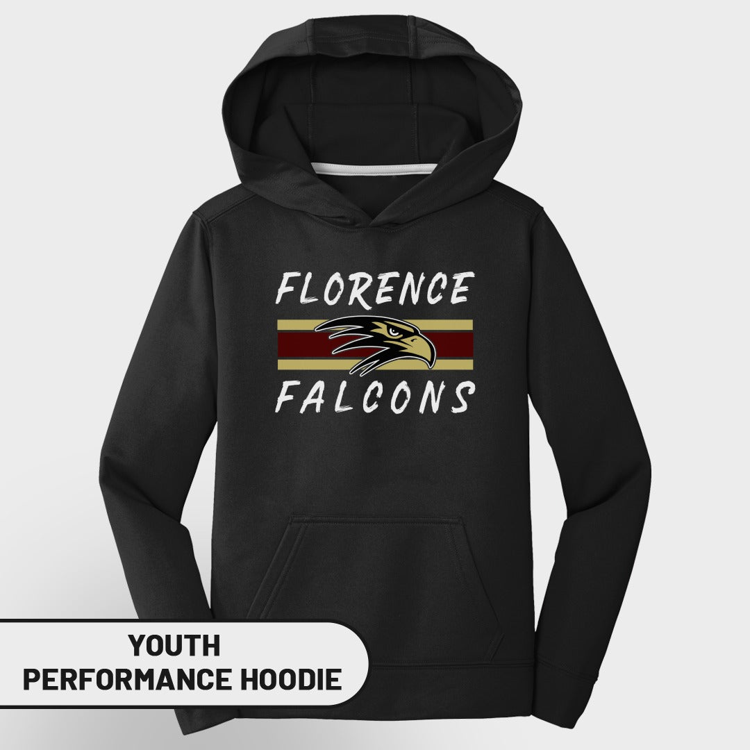 Black youth performance hoodie with Florence Falcons logo.