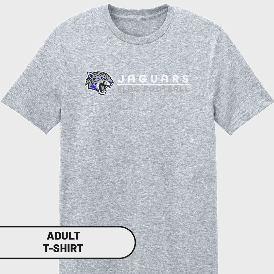 Grey adult t-shirt with Jaguars flag football logo and text.