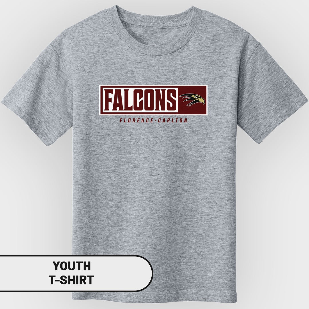 Grey youth t-shirt with "Falcons" and "Florence-Carlton" text and a falcon graphic.