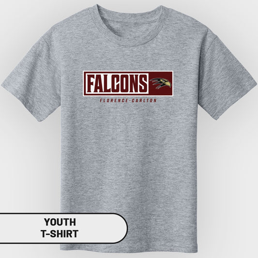 Grey youth t-shirt with "Falcons" and "Florence-Carlton" text and a falcon graphic.