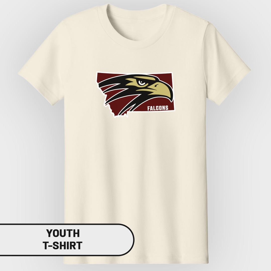 Cream youth t-shirt with a falcon logo inside the shape of Montana.